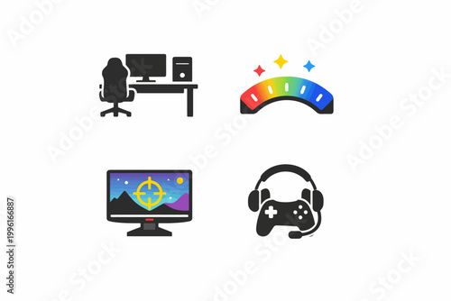 Gaming setup and gear icons: chair, pc, rgb lights, monitor, headset