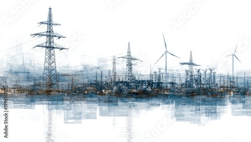 Modern Energy Landscape with Wind Turbines and Power Lines.