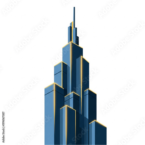 Modern skyscraper with blue glass facade and golden trim.