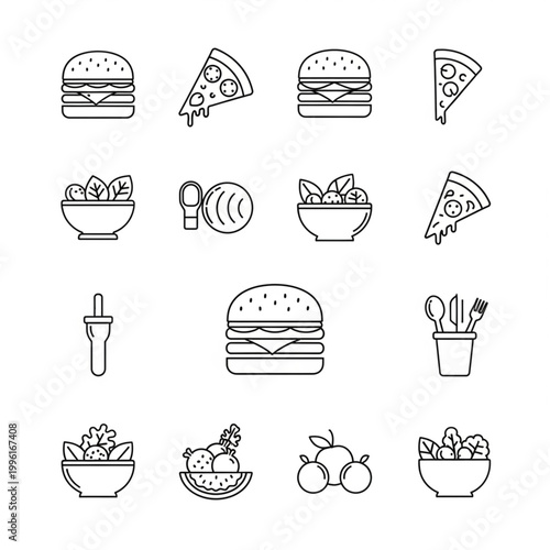 Set of food icons in line art style.