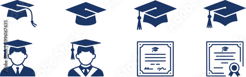 Graduation caps, students, and certificates mortarboard