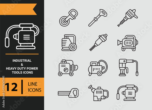 Heavy Duty Industrial Power Tools Outline Icons for Manufacturing Tasks