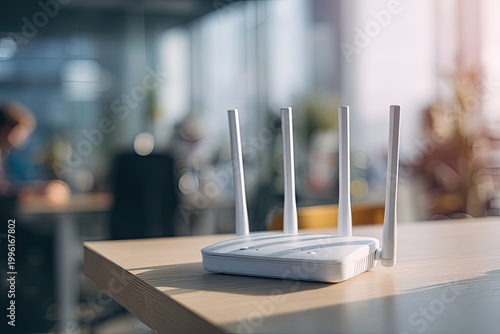 Modern Wireless Router with Antennas on a Wooden Table.