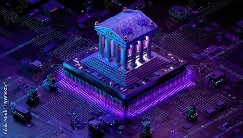 Ancient-style building atop a futuristic electronic circuit board, bathed in neon light