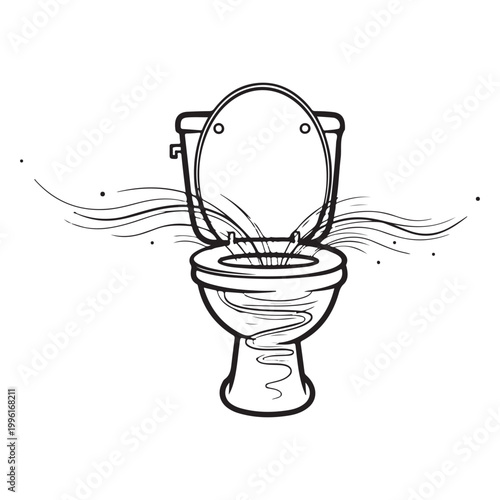 Black and white line art illustration of a toilet with wavy odor or water lines isolated on white background