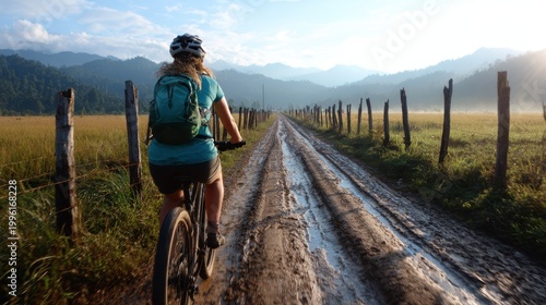 A thrilling shot of a cyclist riding along a muddy country road with mountains in the background, capturing the spirit of adventure and the connection to nature and outdoors.
