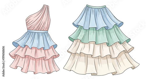 Fashion Illustration: Ruffled Dress and Skirt Set in Pastel Colors