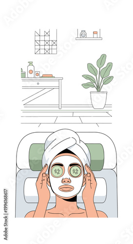 Woman enjoying facial spa treatment with cucumber slices and face mask