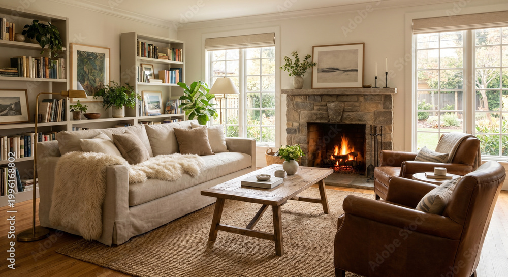 Fototapeta premium Modern cozy living room interior design with warm stone fireplace, comfortable sofa and built-in bookshelves