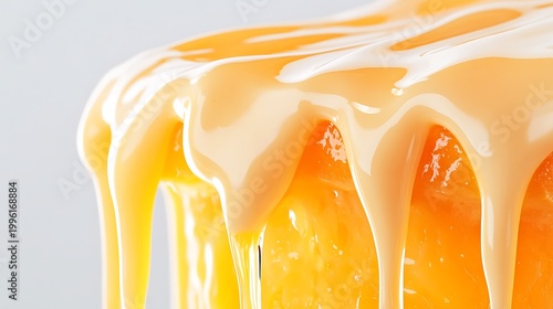Close up macro shot of a vibrant orange creamsicle dessert with thick creamy white frosting melting and dripping down its sides showcasing a refreshing sweet and indulgent summer