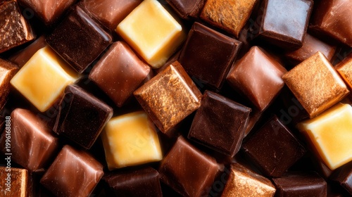An enticing array of assorted chocolates showcased in various shapes and colors, inviting indulgence and sweetness while bringing a rich texture to the visual experience.