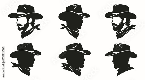 Six black silhouette profiles of cowboy heads wearing hats and bandanas, depicting various facial hair styles and western looks.