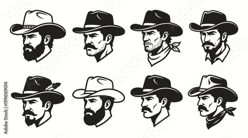 Collection of eight black and white cowboy head illustrations with hats and various facial hair styles, depicted in a classic western graphic art style.