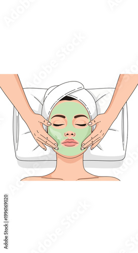 Woman receiving facial massage with green mask and towel