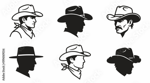 A collection of six distinct cowboy hat and profile illustrations, featuring both line art and silhouette styles.