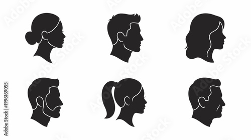 Six black silhouettes of diverse male and female human heads in profile view, representing various hairstyles and facial features.