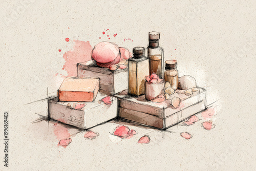 Artistic Sketch of Spa Products and Essentials