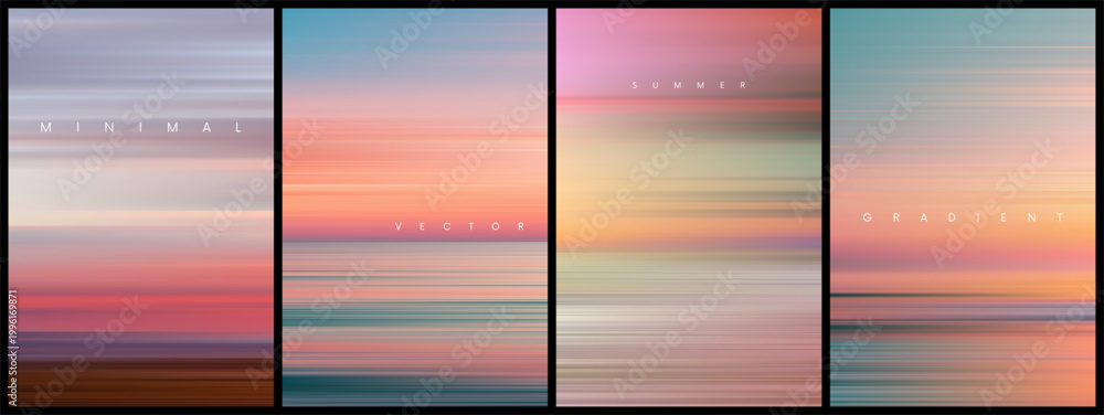 Naklejka premium Set of summer gradient posters in minimal style. Beautiful ocean beach horizon with sunrise or sunset. Trendy design with ambient soft blurred background for banner, flyer, cover or invitation. Vector