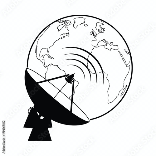 Satellite Dish Communication Vector, Global Signal Technology Illustration, Earth Network Concept