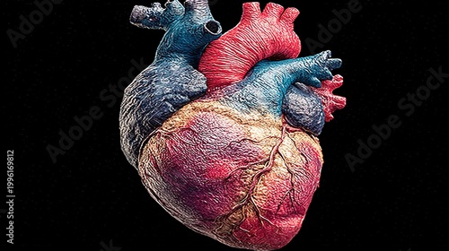 Stylized Textured Anatomical Heart with Bold Color Contrast on Black Background, Surreal Cardiovascular Art for Medical Education, Health Science Illustration and Graphic Design Projects