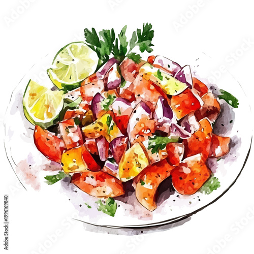 Ceviche, watercolor illustration featuring playful movement and lively expressions, isolated on a white background.