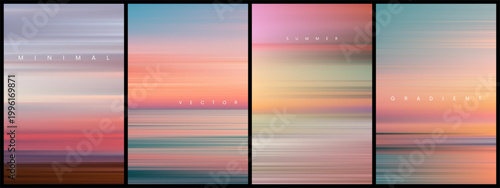 Set of summer gradient posters in minimal style. Beautiful ocean beach horizon with sunrise or sunset. Trendy design with ambient soft blurred background for banner, flyer, cover or invitation. Vector