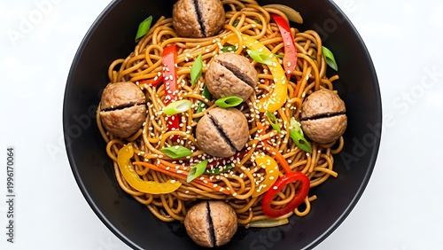 Delicious Asian style noodles with meatballs and vegetables in bowl