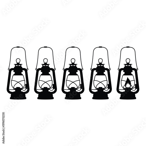 Row of five vintage kerosene lanterns black silhouette isolated on transparent background illustration.