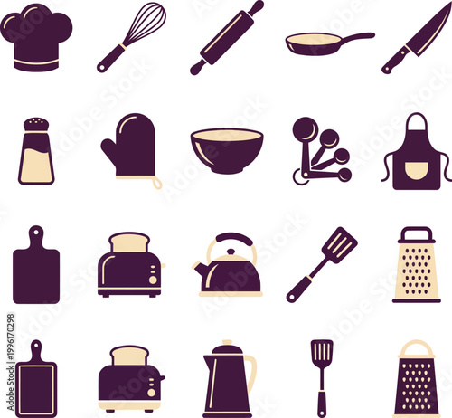 A kitchen and cooking tools solid icon set containing a chef's hat, whisk, rolling pin, frying pan, knife, toaster, and kettle for culinary projects.