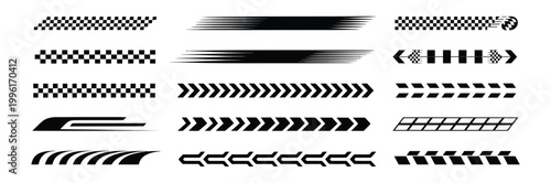 Racing car checkered flag patterns, finish line stripes, and dynamic speed decals