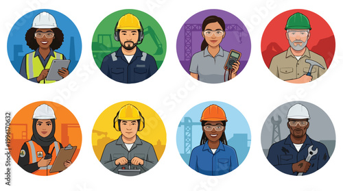 Diverse industrial workers and mining professionals avatars set featuring men and women in safety gear with tools like hard hats goggles and high visibility vests for labor