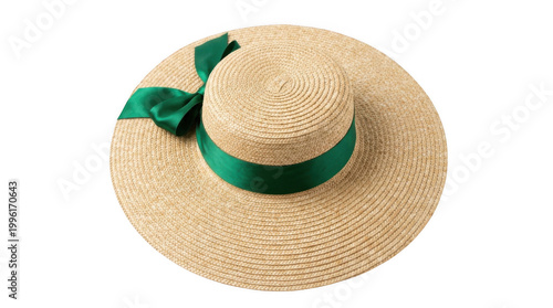 straw hat with green ribbon and bow