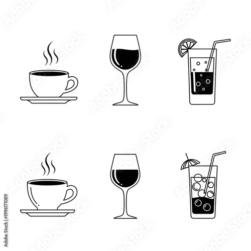 Set of three drinks icons coffee wine and cocktail.