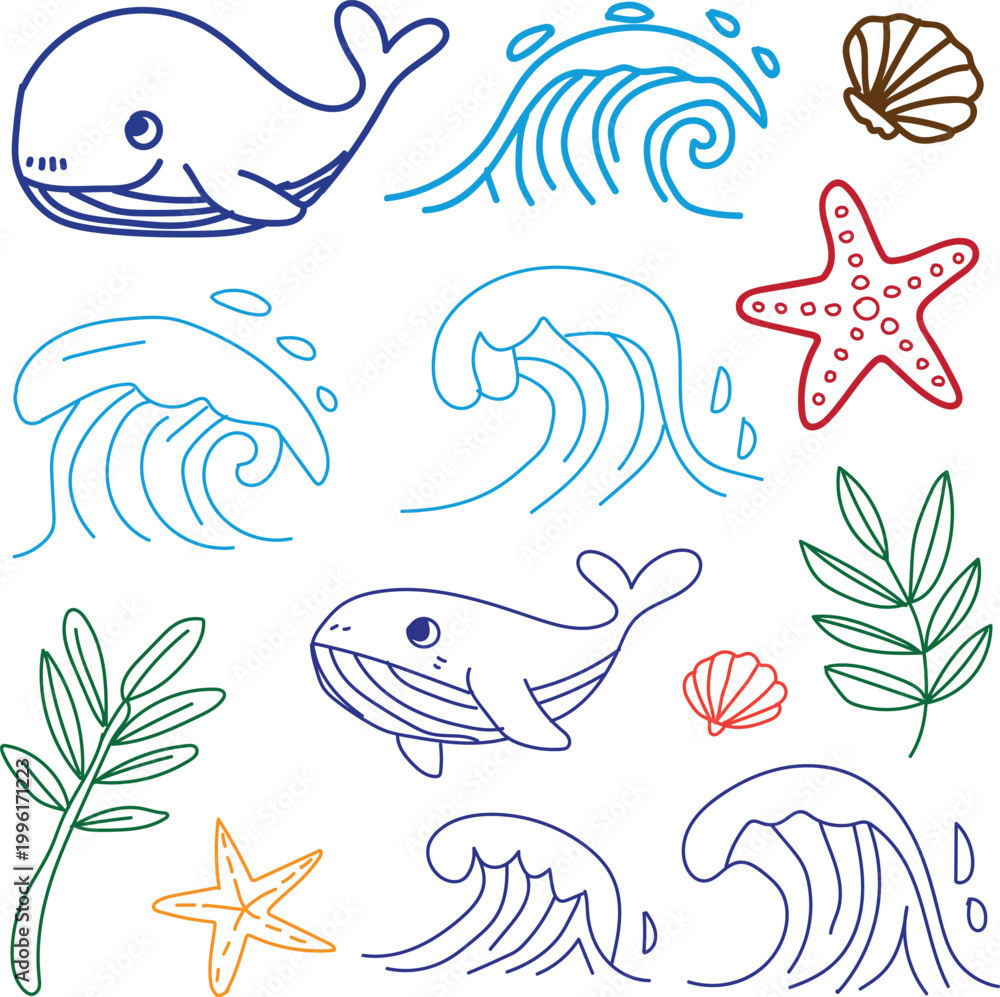 Obraz premium Cute hand drawn oceanic set featuring friendly cartoon whales swimming gracefully alongside rhythmic crashing waves of blue water plus delicate colorful starfish and beautiful seashells and green seaw