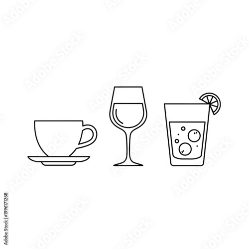 Three different drinks in line art style.