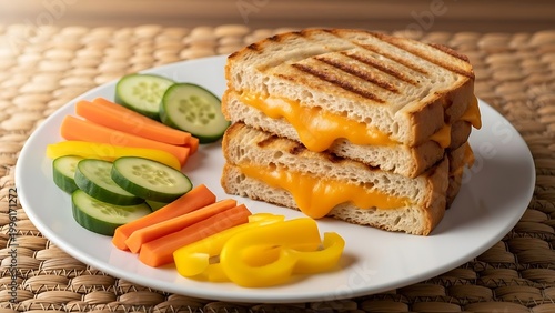 Delicious grilled cheese sandwich with fresh vegetables on a plate