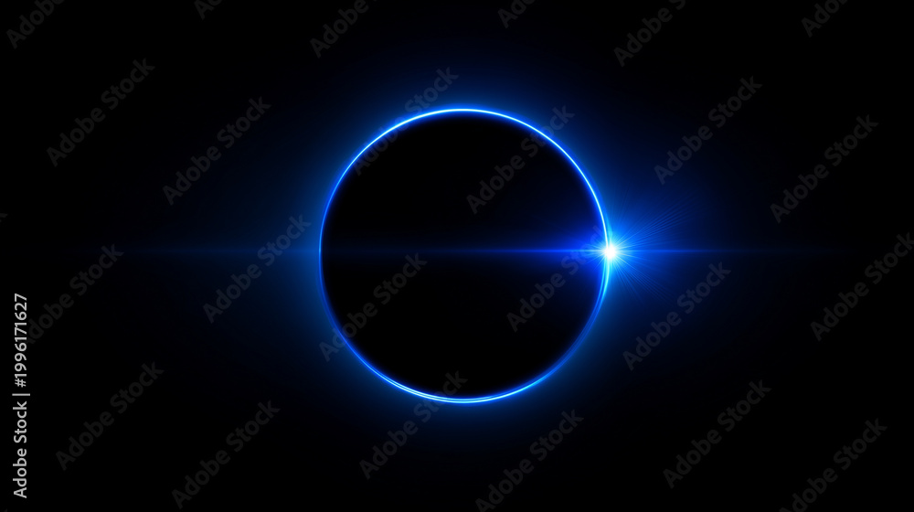 Obraz premium Glowing blue eclipse ring on black background, minimal futuristic cosmic circle with radiant light rays, abstract celestial energy concept and high contrast sci fi atmospheric halo