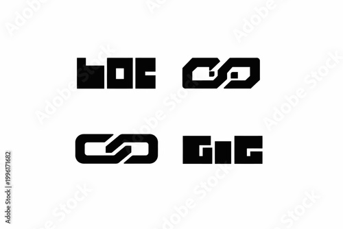 Geometric black glyphs of letters "log" and "gig" in unique styles