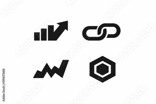 Abstract symbols: growth chart, link chain, zigzag arrow, hexagon