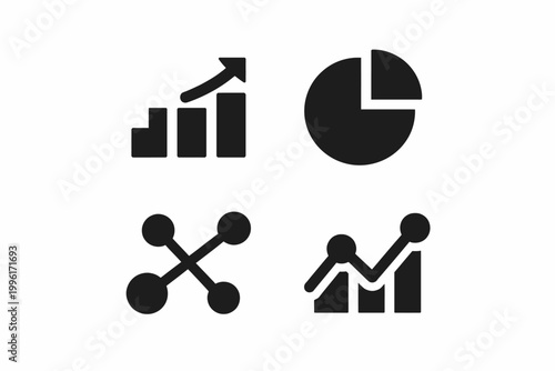 Set of four black graph icons: bar, pie, line, data visualization