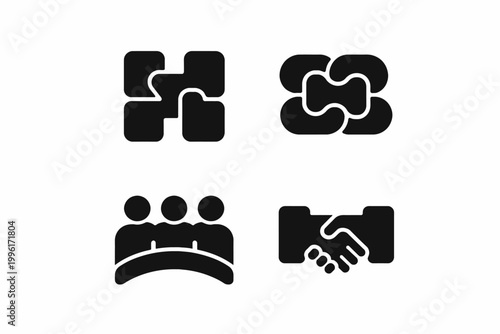 Collaboration icons depicting teamwork and partnership with puzzle and handshake symbols