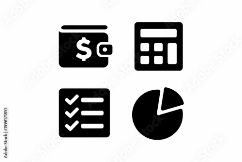 Finance icons: wallet, calculator, checklist, pie chart