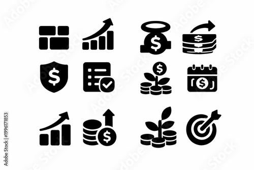 Financial growth and investment icons set featuring graphs, money, and targets