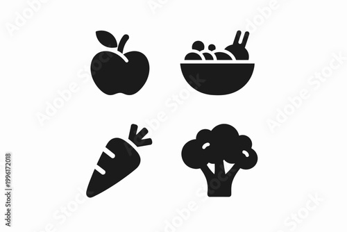 Collection of healthy food icons: apple, salad, carrot, and broccoli silhouettes