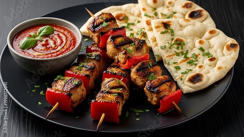 Grilled Chicken Skewers with Naan Bread and Spicy Sauce