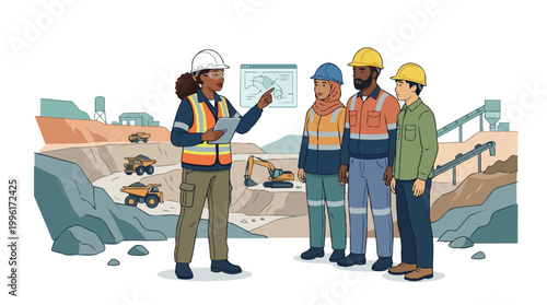 Diverse group of industrial workers and engineers discussing operations at an open pit mine site with heavy machinery and digital technology in a flat vector illustration