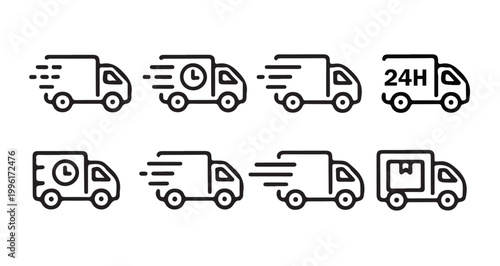 Fast delivery truck icons set with speed lines and clock symbols for logistics business concepts.