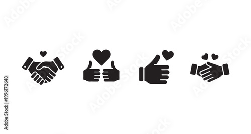 Handshake and thumb up icons with heart symbols representing partnership agreement love and trust.