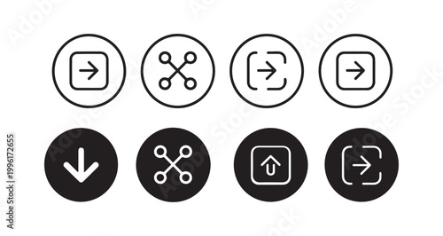 Circular navigation arrow icons for login and logout interface with data transfer symbols design.