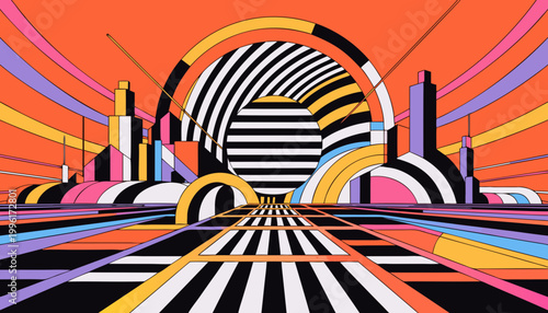 A dynamically rendered retro-futuristic cityscape with striking geometric forms and a bold striped architectural horizon under a vivid orange sky, illustrating an energetic abstract landscape design.